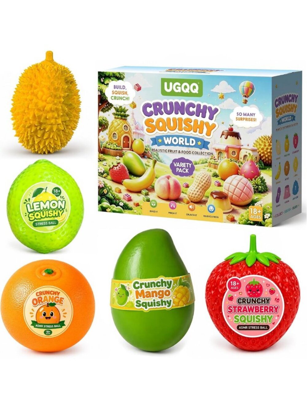 5 Pack Crunchy Squishy Pack, Realistic Fruit & Food Sensory Fidget Toys, Mango